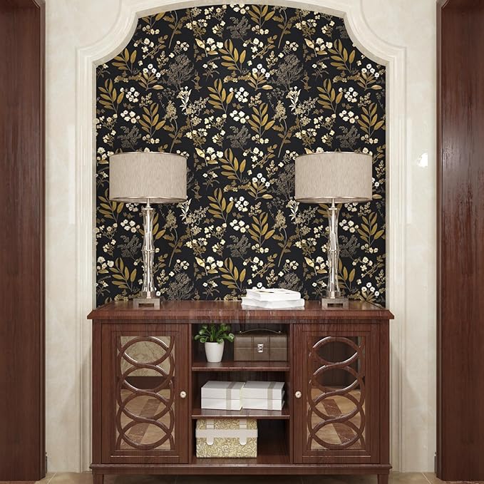 Laatse Black Gold Wallpaper Peel and Stick Dark Floral Wallpaper 17.5in x 118in - Image 2