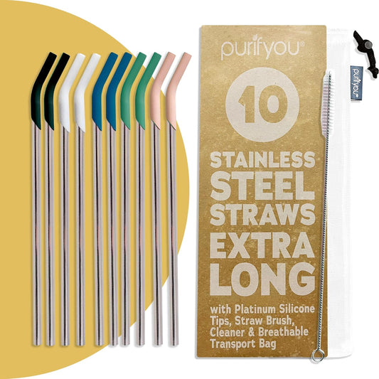purifyou 14.5" Stainless Steel Straws with Silicone Tips, Extra Long & Wide Reusable Metal Straws for Tumblers, Smoothies, Milkshakes (Set of 10 with Brush)