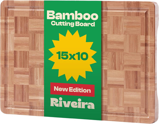 Riveira Bamboo End Grain Wood Cutting Board – Gourmet Bamboo Grandeur: 15 x 10 Wooden Cutting Boards – Wooden Cutting Boards For Kitchen Decorative – Innovative Juice Grooves End Grain Cutting Board