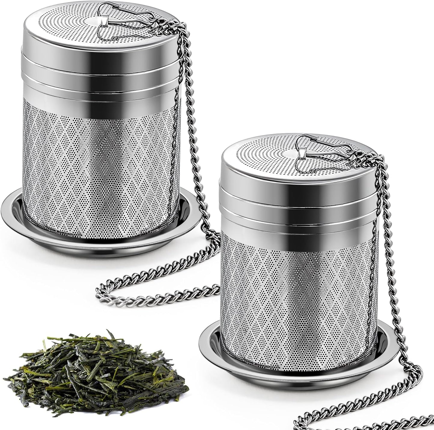 Tea Infusers for Loose Tea, 2 Pack Extra Fine Mesh Tea Strainers, 18/8 Stainless Steel Loose Leaf Tea Steeper Tea Diffusers with Extended Chain Hook and Drip Tray