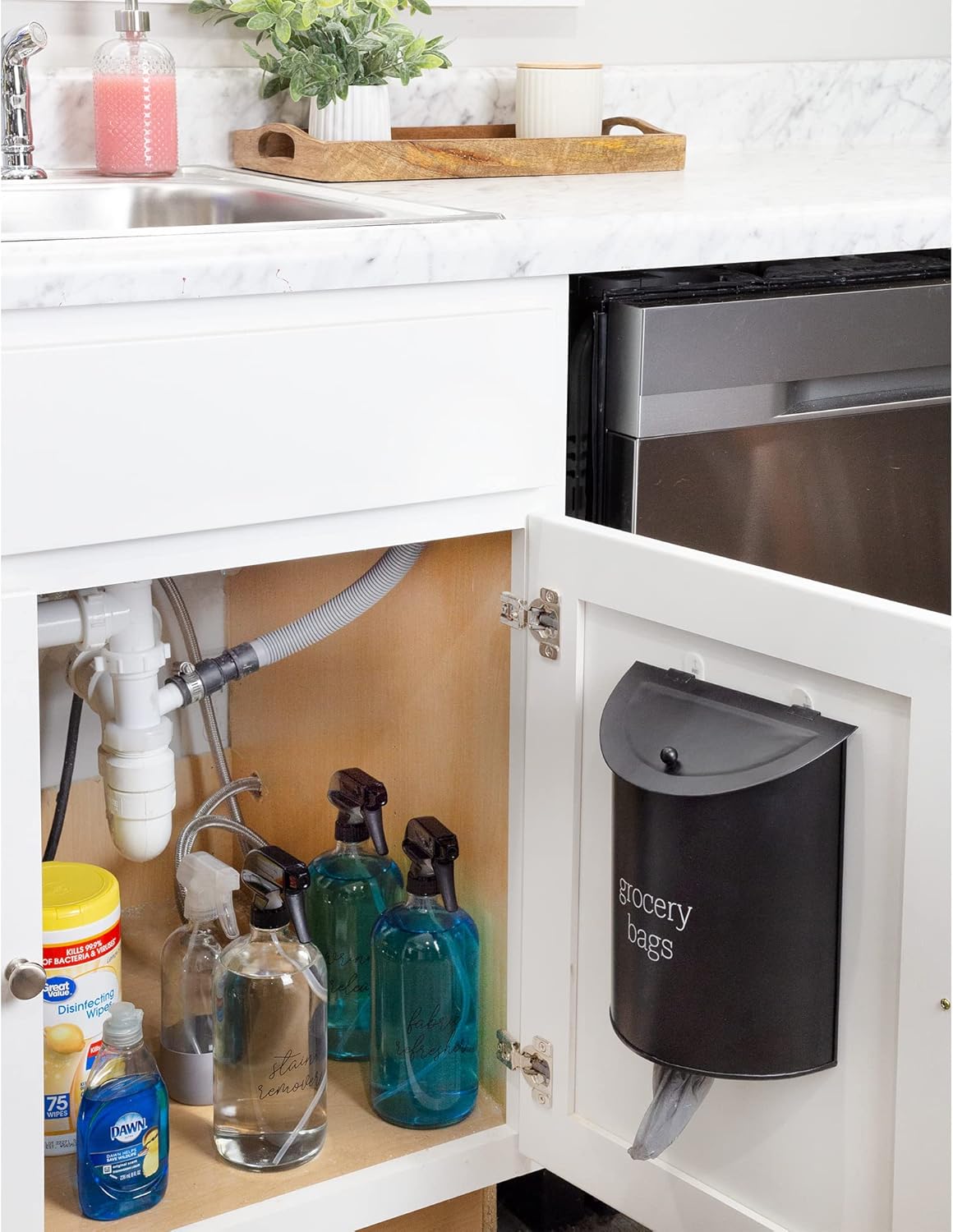 AuldHome Design Enamelware Grocery Bag Holder (Black); Wall-Mounted Modern Farmhouse Style Plastic Bag Dispenser for Kitchen or Laundry Room