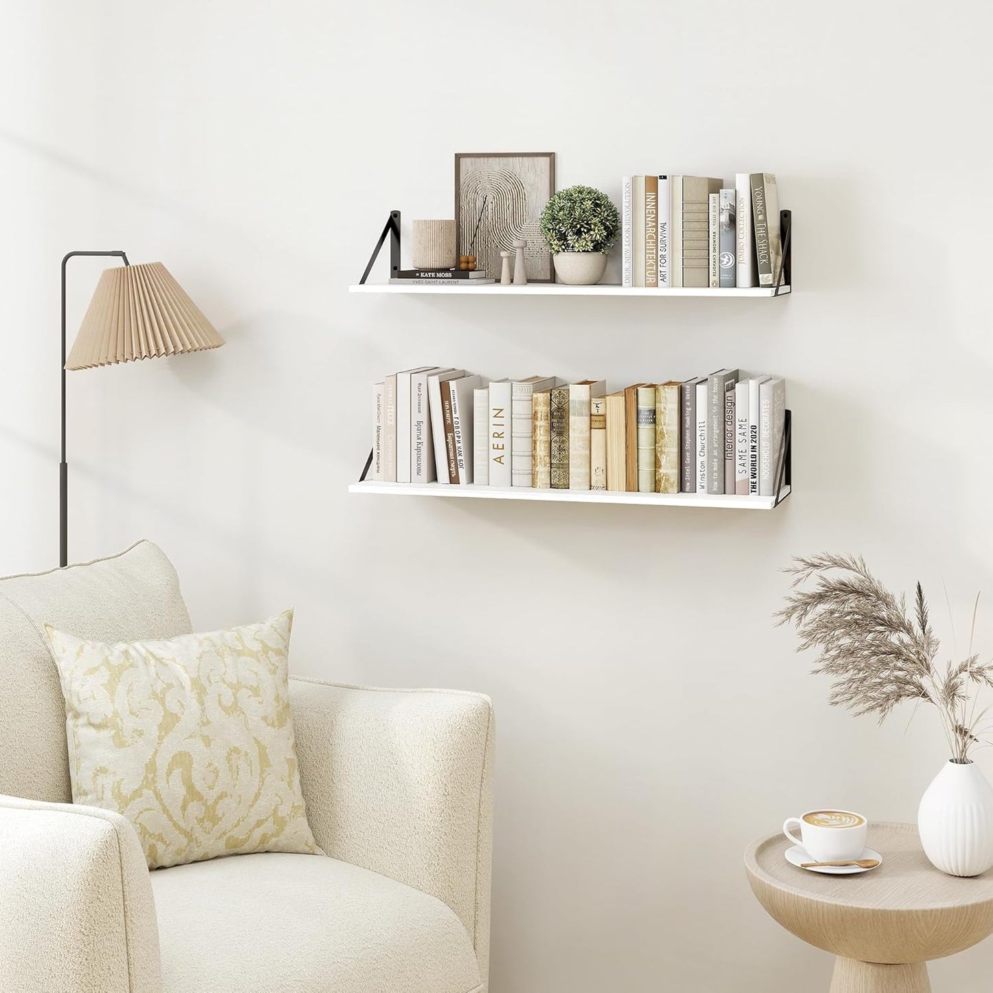 Heimlove White Deep Floating Shelves for Wall, 30W x 8D Wood Wall Shelves Set of 2, Wide Floating Bookshelf for Living Room, Kitchen, Office, Bedroom and Decor Storage, with Black Bracket - White