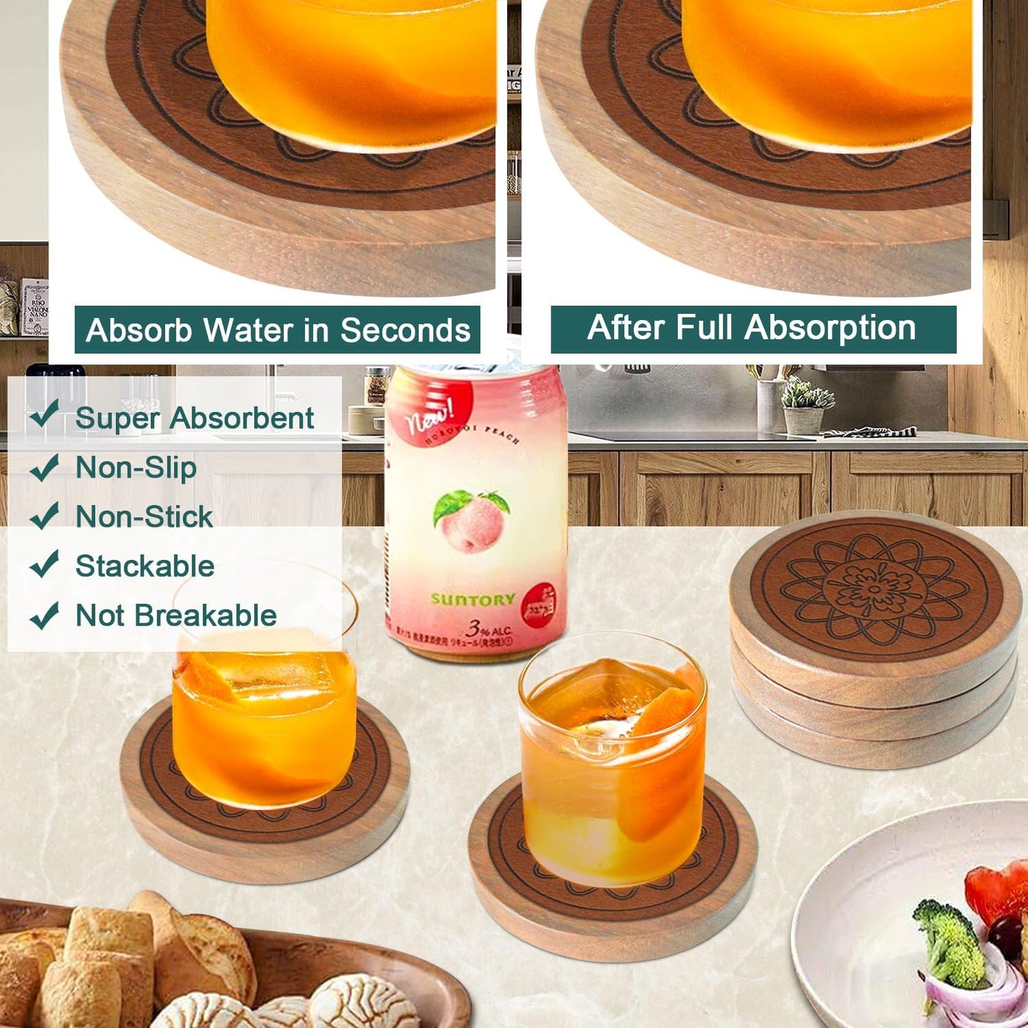 5 Pack Wood Coasters for Drinks, Minacun Absorbent Coaster Set, Drinks Coasters for Coffee Tabletop Protection, Non-Slip, Non-Stick, Suitable for Kinds of Cups Wooden Table Drink, 4.3 Inch Brown