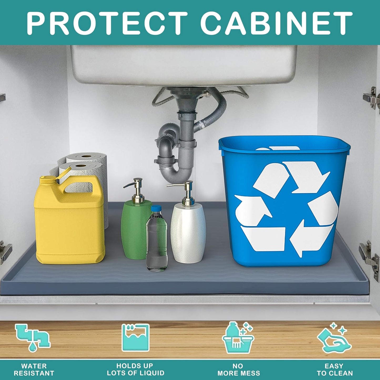 URMONA Waterproof Silicone Under Sink Mat 28'' x 22'' Shelf Liner for Kitchen and Bathroom, Cabinet and Counter Protector, Storage and Organizers, Litter Mat, Pet Cat Puppy Essentials(Cream)