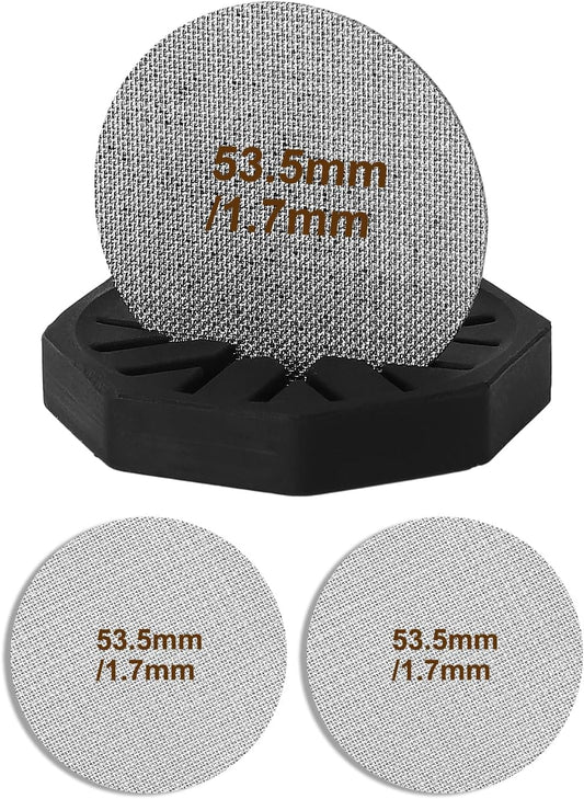 2 Pack 53.5mm Puck Screen & Food-Grade Silicone Puck Screen Holder - 1.7mm Thickness 150μm Mesh - Compatible with Espresso Machine 53.5mm Portafilter Basket