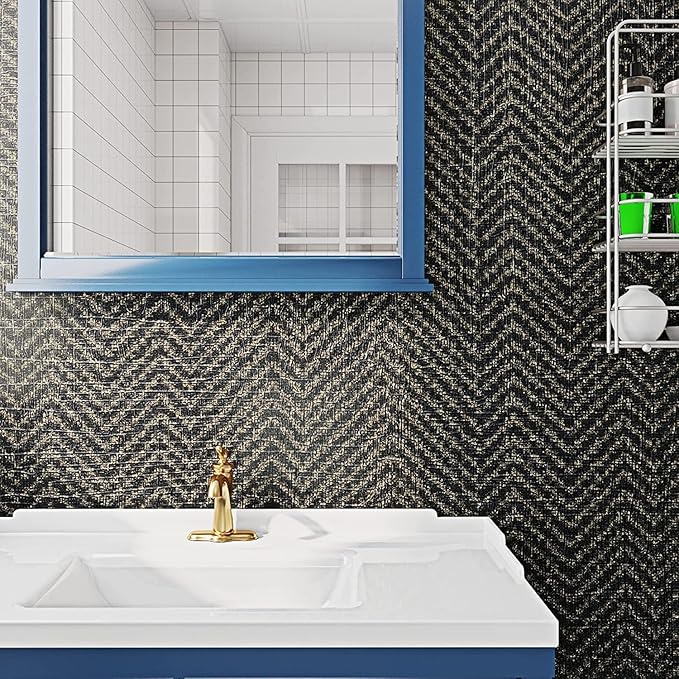 FunStick 15.8"x240" Black and Gold Grasscloth Wallpaper Self Adhesive Fabric - Image 2