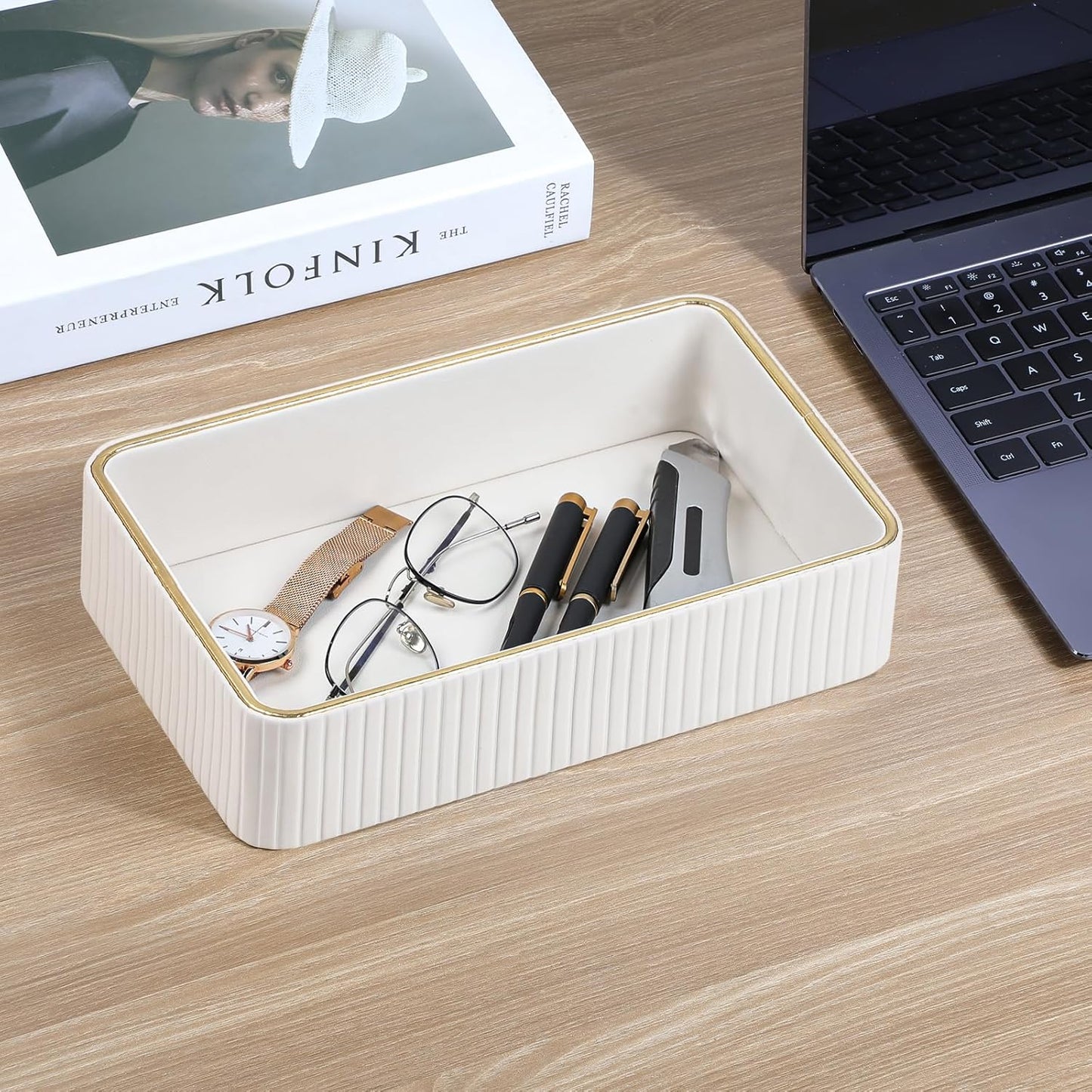 Desk Organizer Tray, PU Leather Valet Tray Nightstand Organizer Cologne Perfume Trays for Men Women, Decorative Vanity Trays Key Bowl Trinket Dish (Ivory, 10.3" x 6.7" x 2.2")