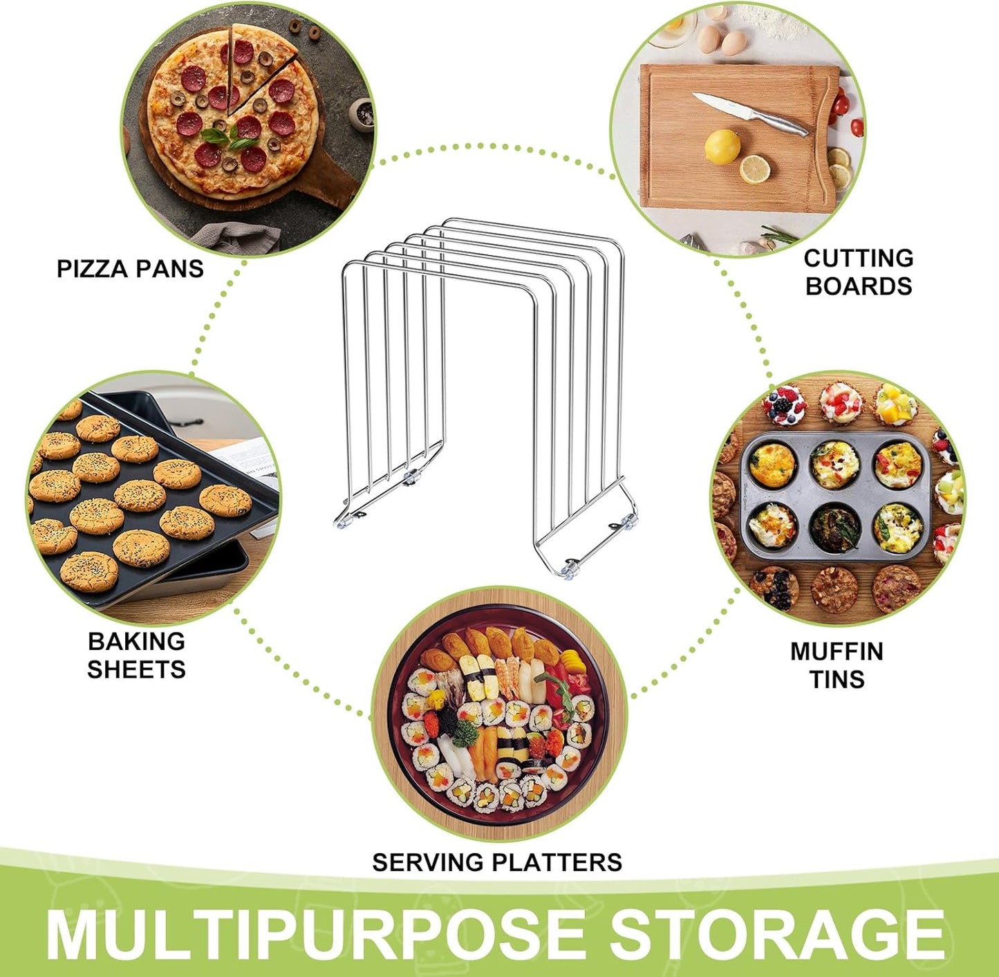 AKAZA 2 Pack-X-Large Kitchen Cabinet Organizer - Storage Tray Organizer Rack for Kitchen Cabinet - Divided Holder with 5 Slots for Skillets, Cutting Board, Baking Sheets(Chrome)
