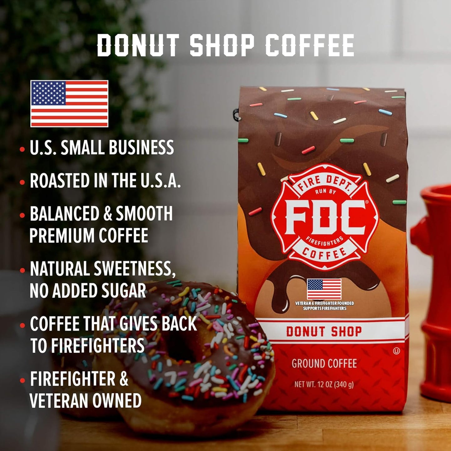 Fire Department Coffee - Gives Back to Firefighters - Sweet & Smooth Donut Shop Ground Coffee - Medium Roast - Roasted in the USA - Veteran Owned - 12 oz