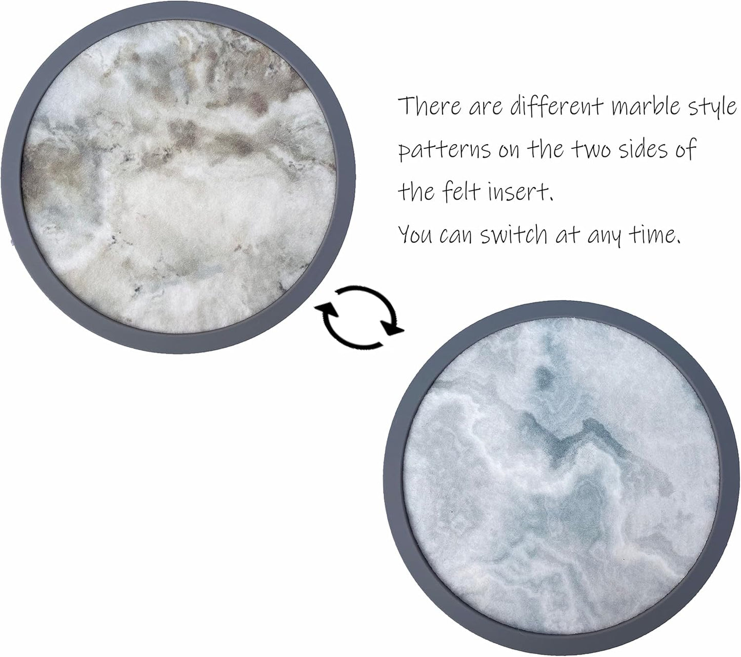 Absorbent Coasters for Drinks with Holder - 6packs, Silicone Coaster with Soft Felt Insert (4.3 inch Coasters with 4.5 inch Holder, Marble Style)