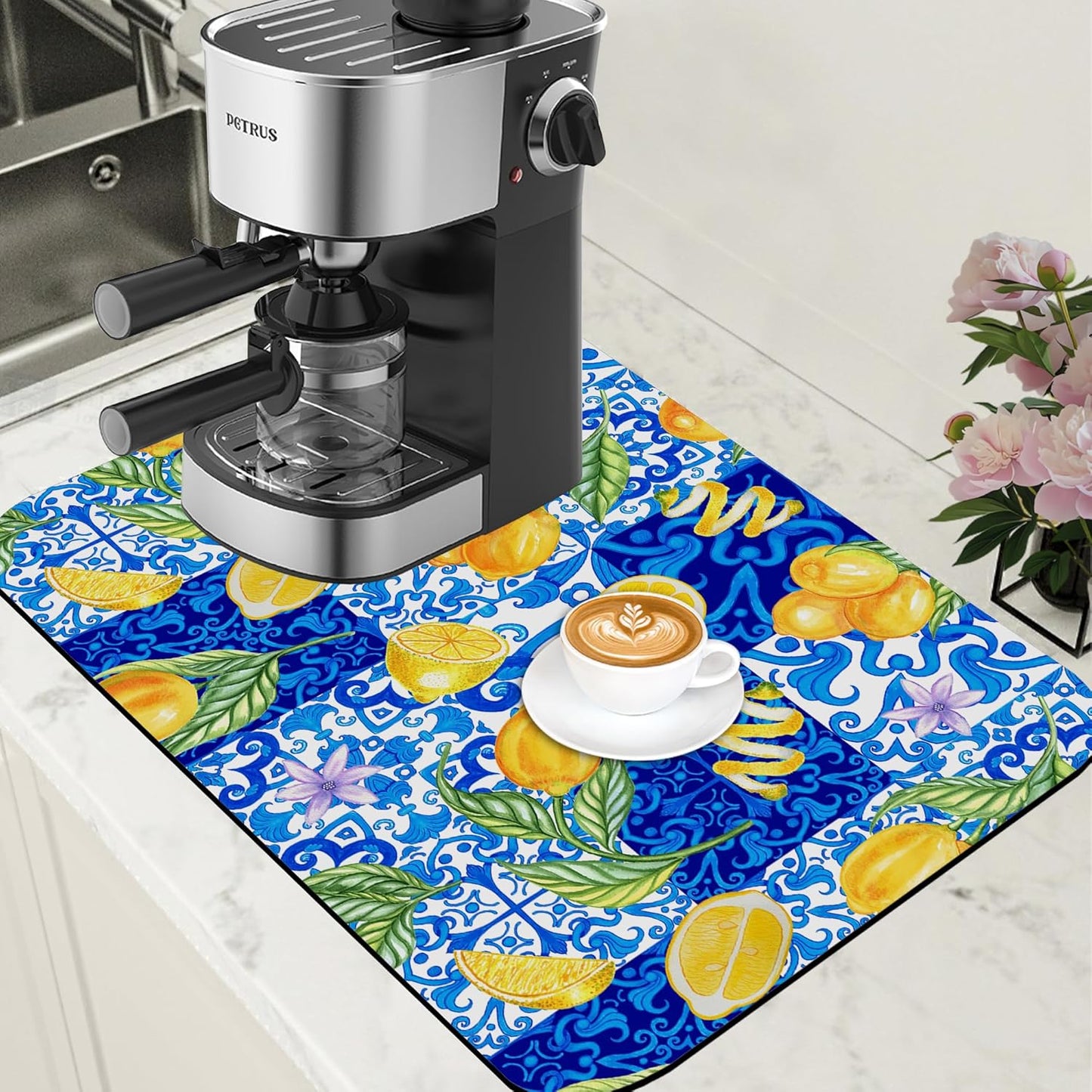 Lemon and Blue Tile Dish Drying Mat for Kitchen Counter Coffee Mat Hide Stain Absorbent Rubber Backed Dish Drainer Rack Pad Espresso Machine Coffee Bar Accessories 15.7 x 23.6 Inch