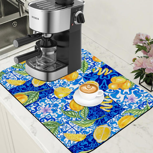 Lemon and Blue Tile Dish Drying Mat for Kitchen Counter Coffee Mat Hide Stain Absorbent Rubber Backed Dish Drainer Rack Pad Espresso Machine Coffee Bar Accessories 15.7 x 23.6 Inch