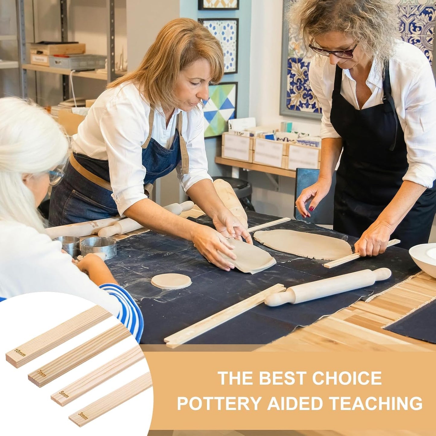 MECCANIXITY 8Pcs Pottery Teaching Rolling Mud Stick Guides, 13" x 0.8" Wood Clay Roller 3 5 7 10mm Thick Ceramic Tools Strips Rolling Guides for Clay Thickness DIY Craft