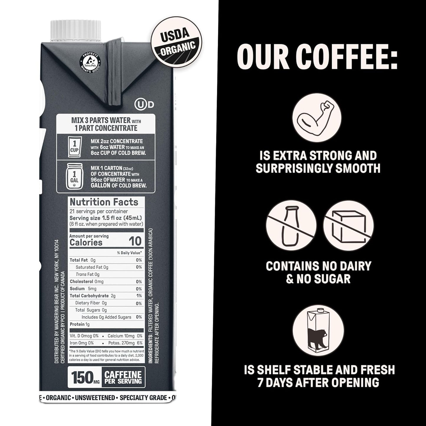 Wandering Bear Organic Unsweetened Extra Strong Cold Brew in a Box Coffee, Shelf-Stable, 21 Servings, Ideal for Wandering Black Concentrate