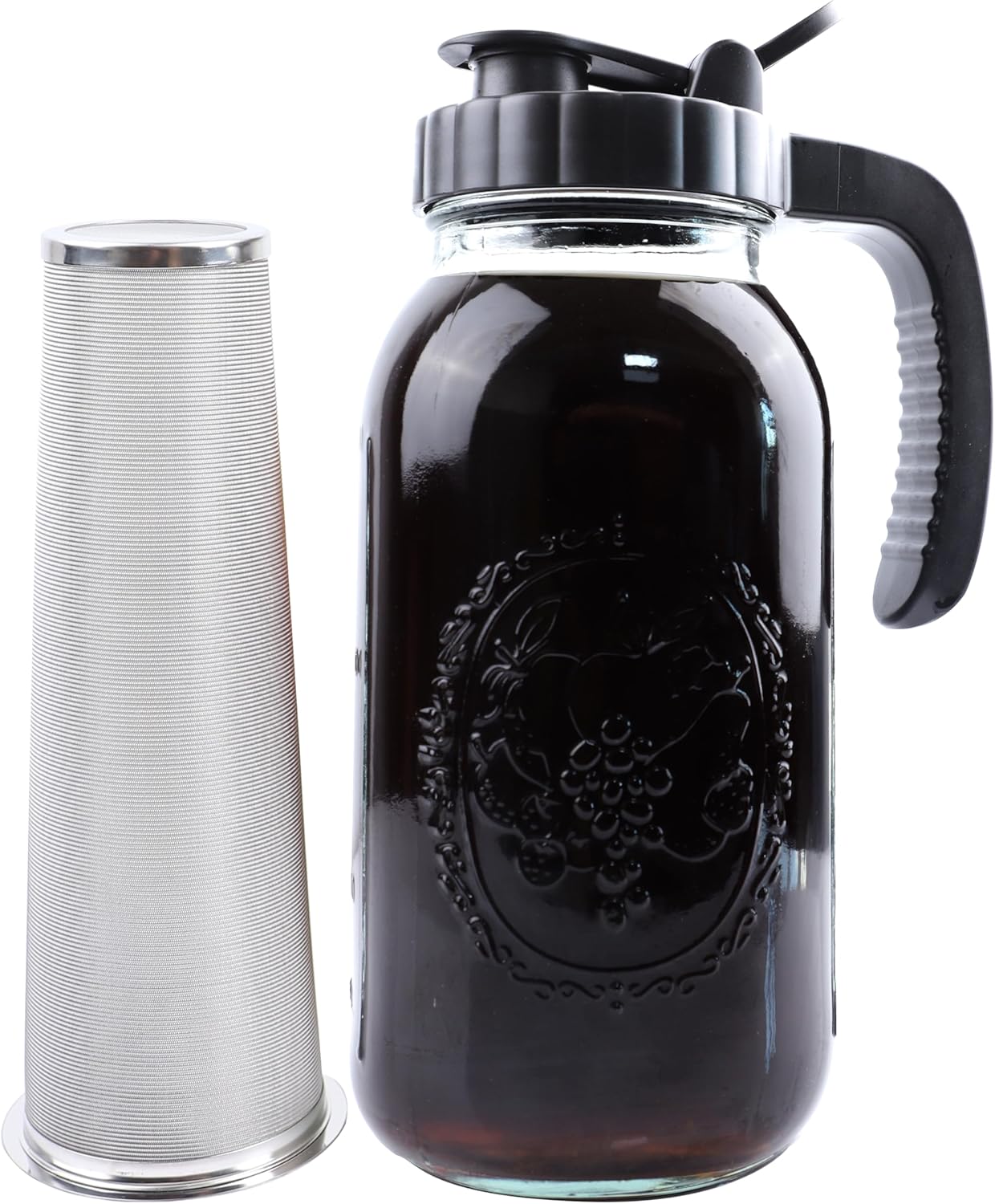 Cold Brew Coffee Maker Pitcher 2 Quart Glass Mason Jar With Spout Lid Filter Half Gallon Wide Mouth Iced Tea Brewing Jug Heavy Duty Handle Airtight & Leak-Proof Pitcher For Fridge Sun Tea 64 OZ