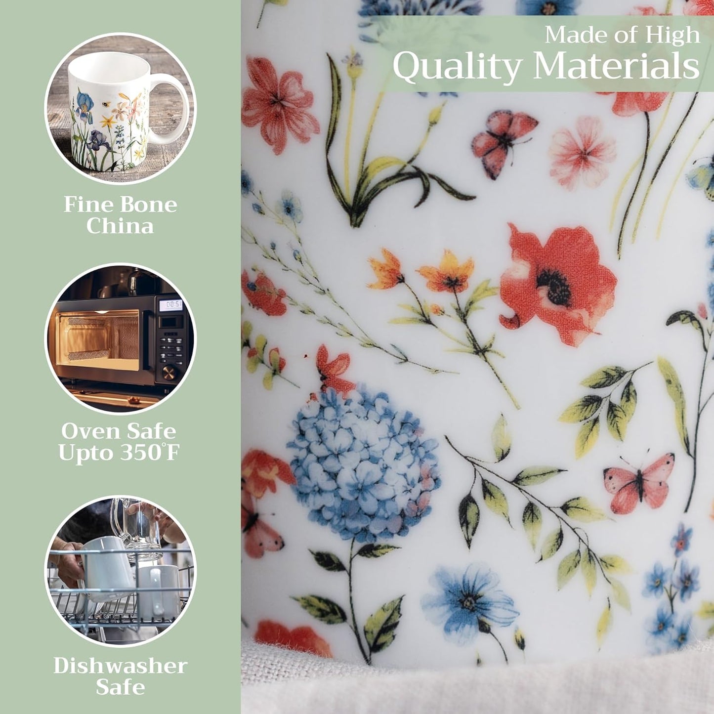 Maison d' Hermine Coffee Mug with Handles Fine Bone China Mugs Pack of One Tea Cups for Hot Beverages Cappuccino Latte Home Restaurant Office Perfect for Gift (Just Floral - Blues 'N Redz, 12 Ounce)