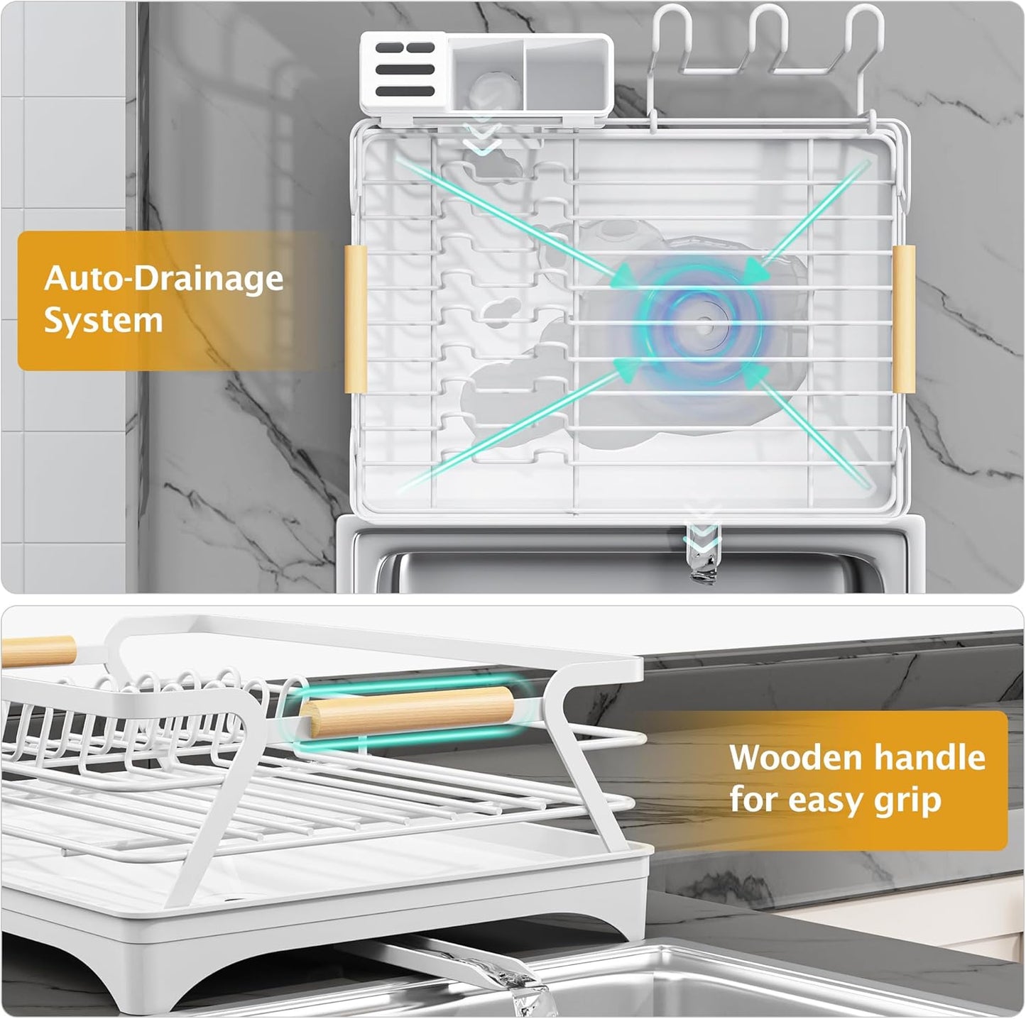 Epicano Dish Drying Rack for Kitchen Counter,Space-Saving Dish Rack,Rustproof Dish Drainer with Utensil Holder and Knife Slots for Sink,Kitchen Drying Rack with Wooden Handle and Cup Holder,White