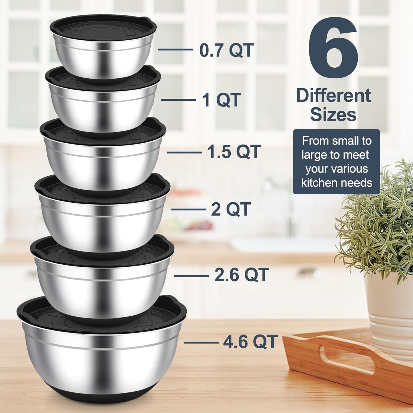 TeamFar Mixing Bowls, Black Mixing Bowls with Lids Set, Stainless Steel Nesting Salad Bowl with Air-tight Lid & Silicone Bottom, Non Slip & Stackable - Set of 6-4.6/2.6/2 / 1.5/1 / 0.7 Qt