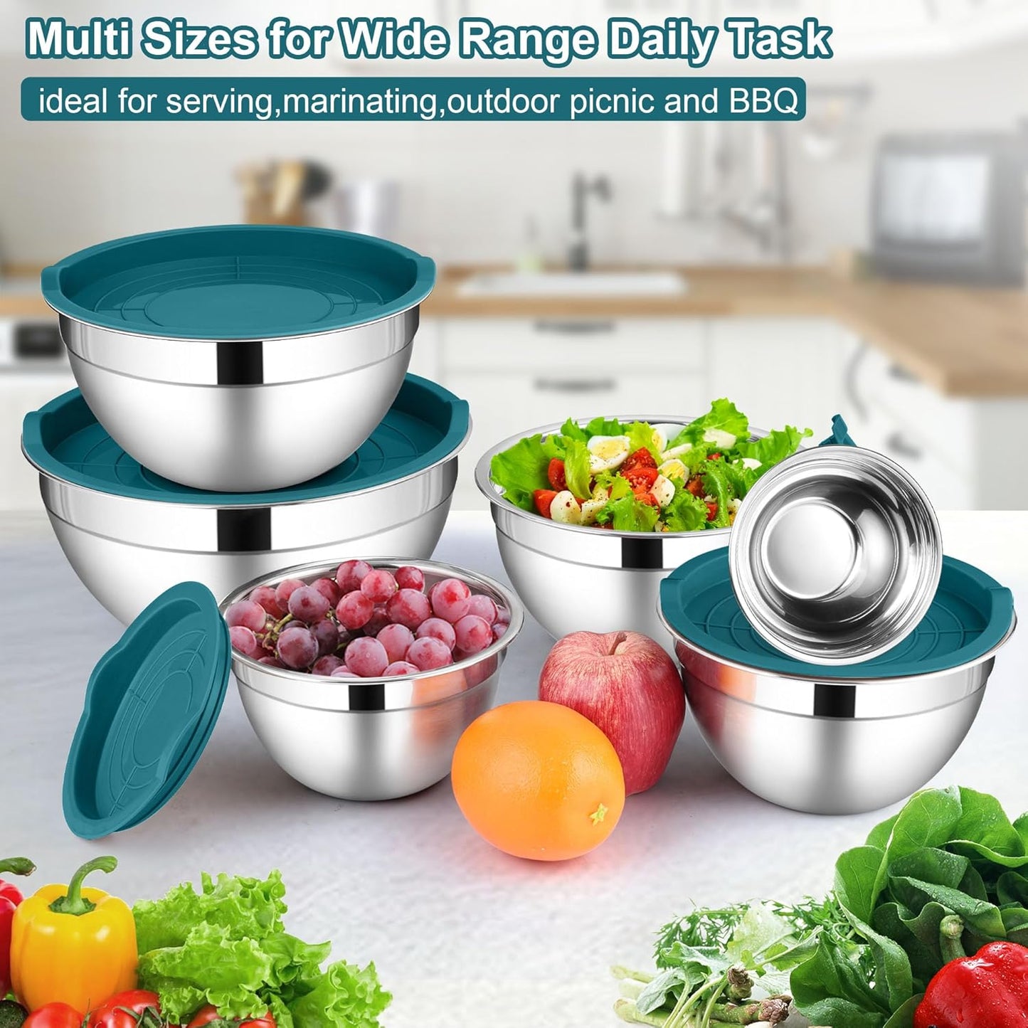 LIANYU 6 Piece Stainless Steel Mixing Bowls, Large Metal Bowls with Airtight Lids Set, 7 & 3.5 & 2.5 QT 2 & 1.5 & 1QT, Kitchen Nesting Bowls for Cooking Prepping Food Storage, Dishwasher Safe, Blue
