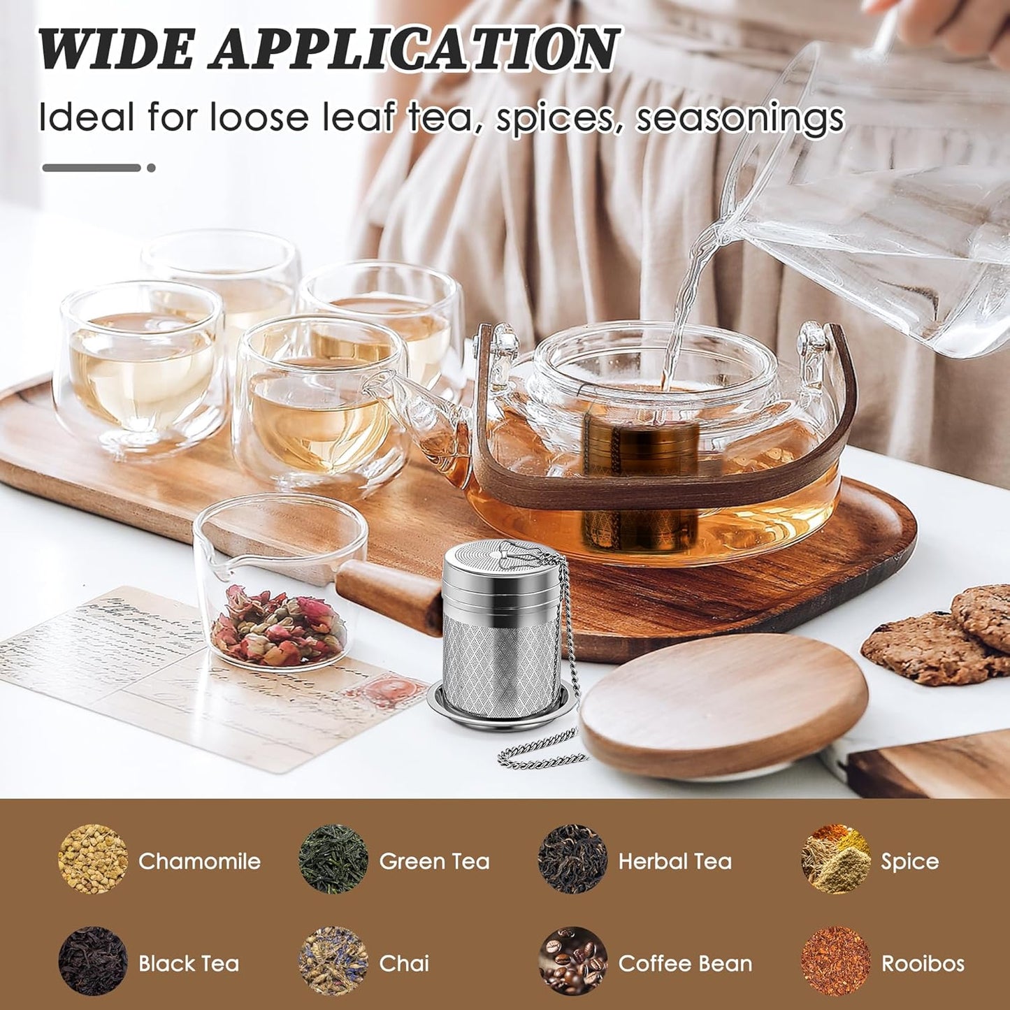 Tea Infusers for Loose Tea, 2 Pack Extra Fine Mesh Tea Strainers, 18/8 Stainless Steel Loose Leaf Tea Steeper Tea Diffusers with Extended Chain Hook and Drip Tray