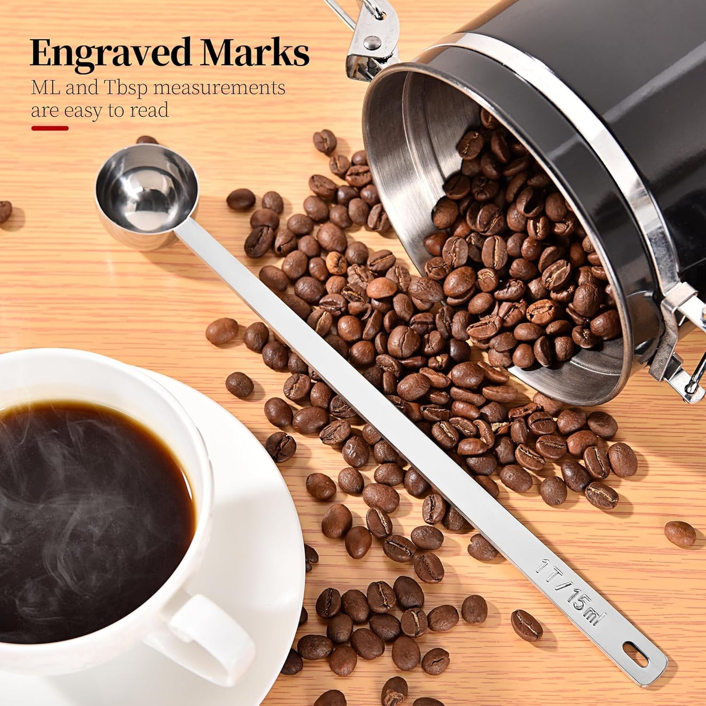 Long Handle Coffee Scoop, 18/8 Stainless Steel Food Grade Measuring Spoon for Coffee Beans Powders Sugar, 9.9in Long Metal Scoop Tablespoon for Easy Container Reach (1tbsp/ 15ml)