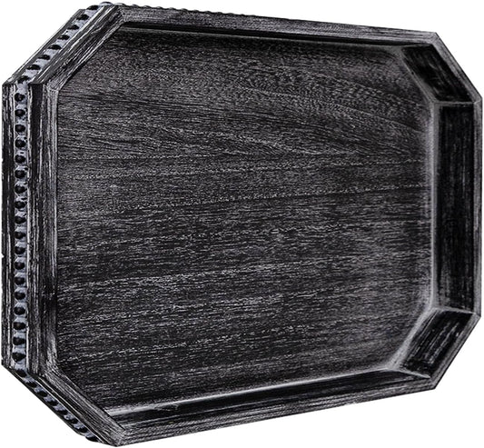 MAONAME Wood Serving Tray, Farmhouse Wooden Tray for Coffee Table, Octagonal Beaded Trays, Vintage Black Decorative Trays for Living Room, Kitchen, 15.7" X 10.2" X 1.6"