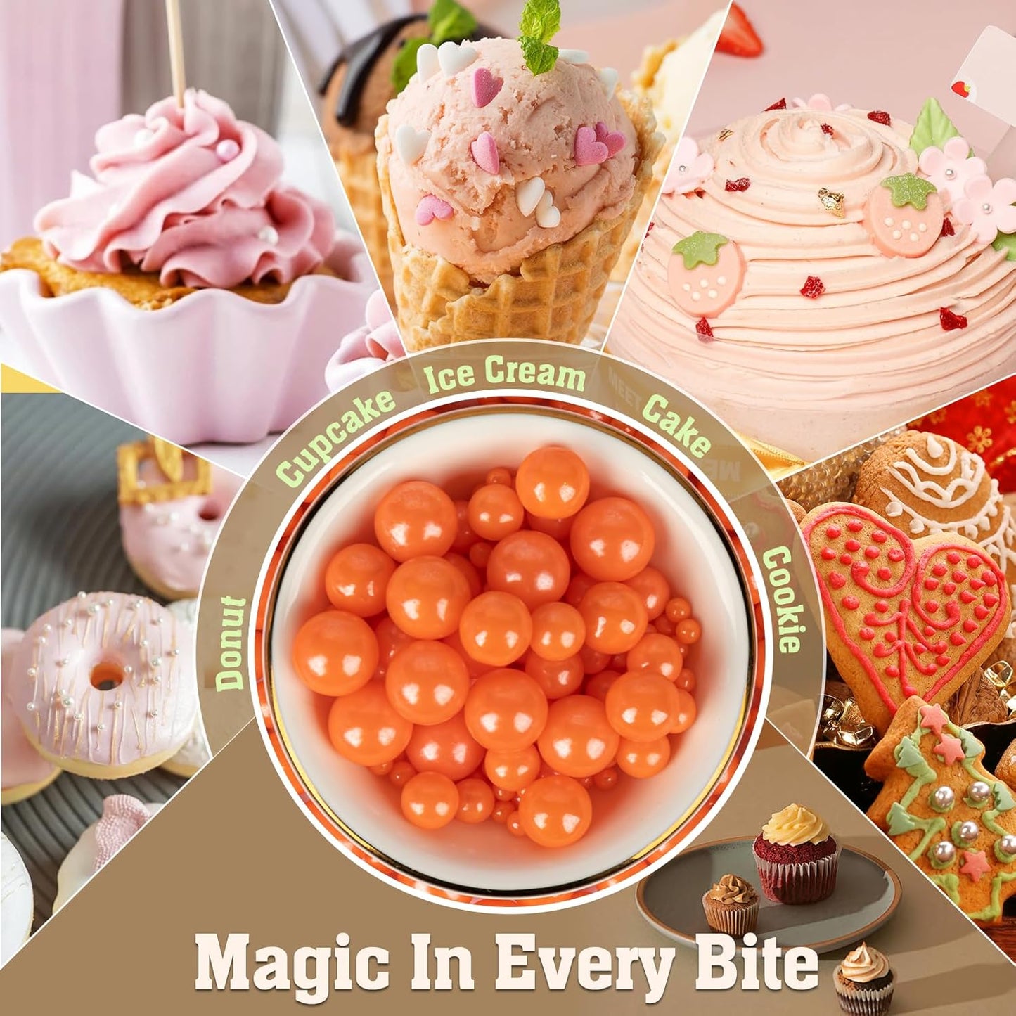 Twisweet Orange Pearl Sprinkles for Cake Decorating, Edible Sugar Pearls for Baking, Mix Size, Cake Topper Cupcake Cookie Ice Cream Dessert Decorations, Halloween Birthday Autumn Party Supplies (130g/4.58oz)