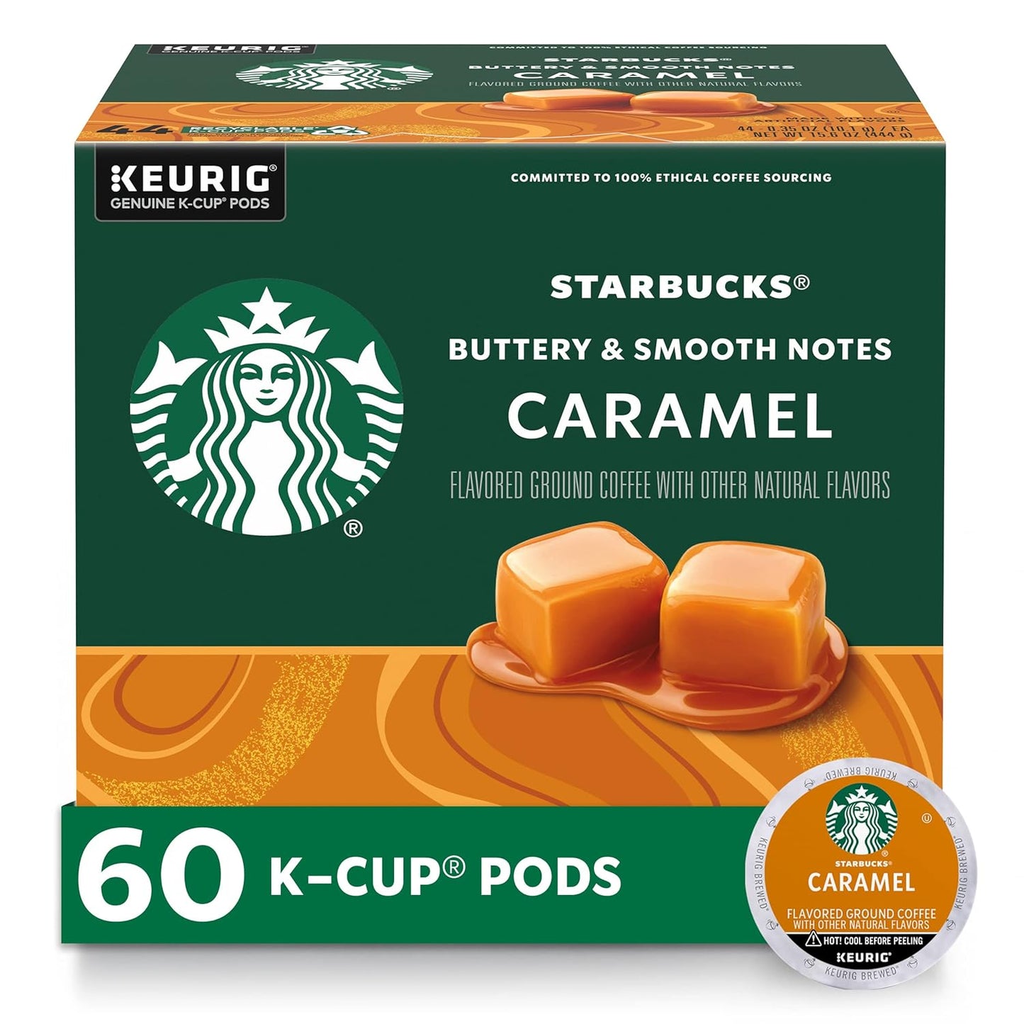 Starbucks K-Cup Coffee Pods, Caramel Flavored Coffee, Naturally Flavored, 100% Arabica, 6 boxes (60 pods total)