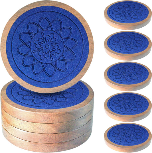 5 Pack Wood Coasters for Drinks, Minacun Absorbent Coaster Set, Drinks Coasters for Coffee Tabletop Protection, Non-Slip, Non-Stick, Suitable for Kinds of Cups Wooden Table Drink, 4.3 Inch Blue