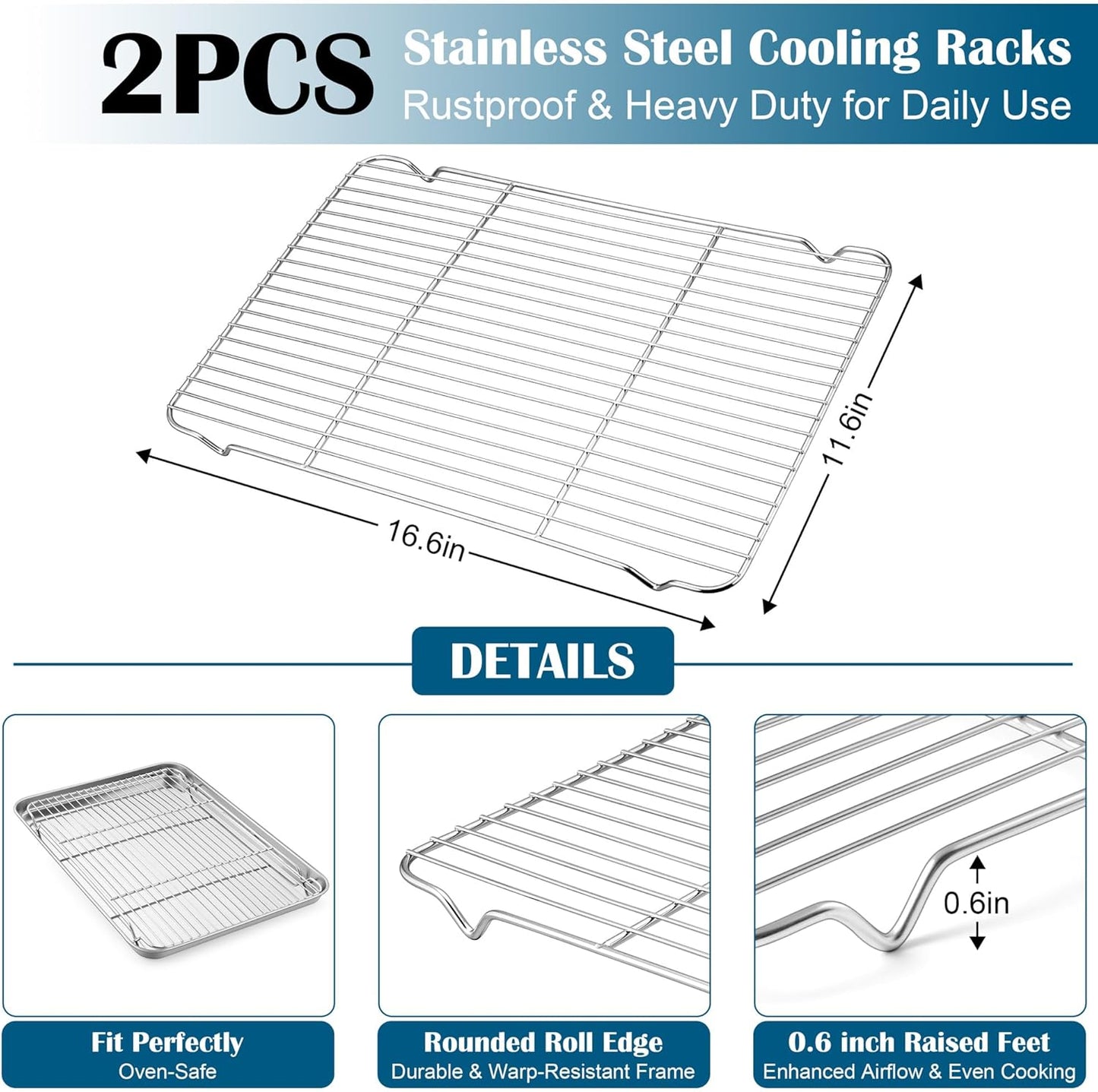 E-far Baking Sheet with Wire Rack (2 Pans + 2 Racks), Large Stainless Steel Cookie Sheets Pan & Cooling Rack for Baking Cookies Cake, Non Toxic & Heavy Duty, Oven & Dishwasher Safe, 18 x 13 x 1 Inch