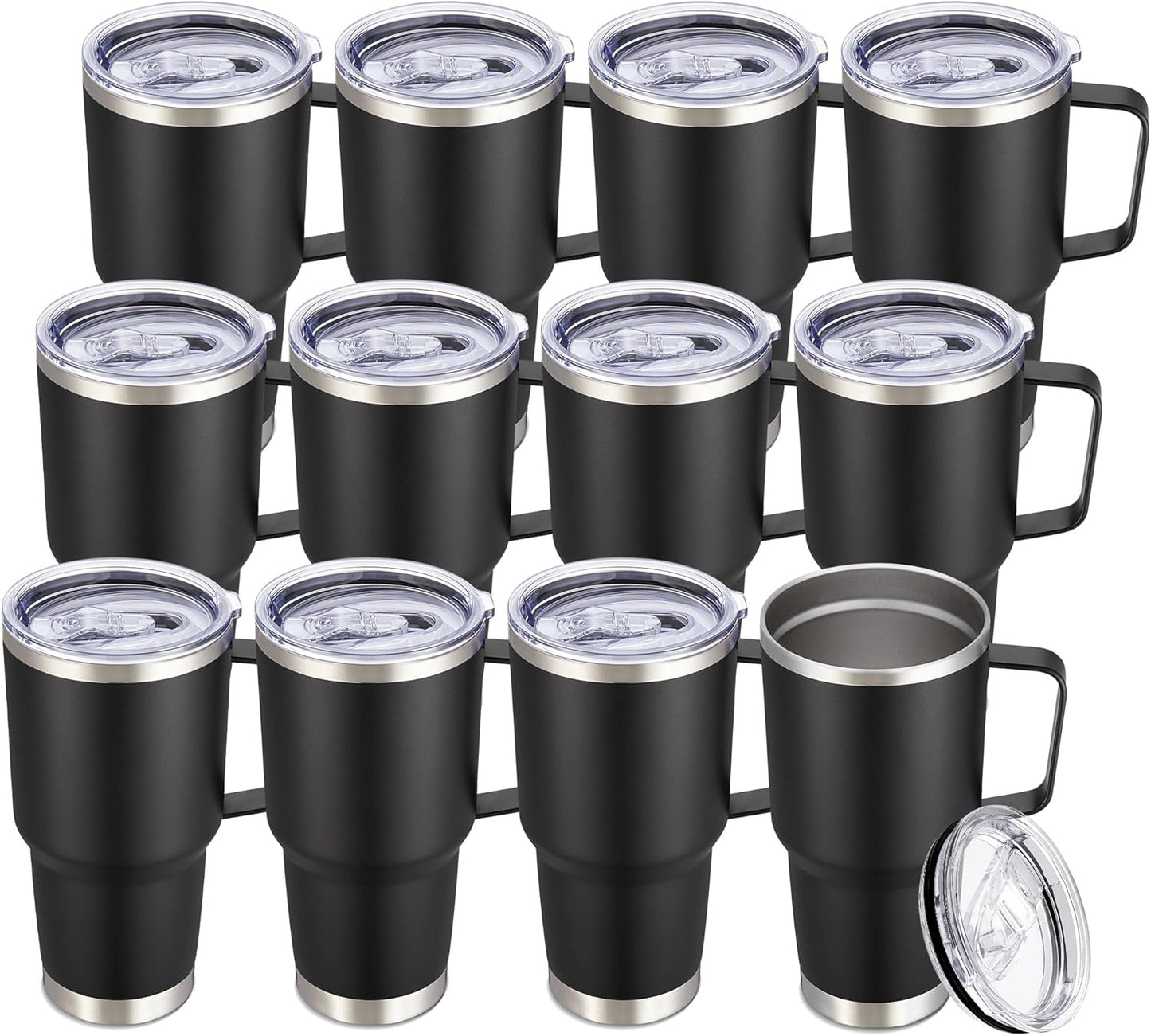 30 oz Tumbler with Handle and Lid, Stainless Steel Tumblers Bulk Double Wall Vacuum Insulated Travel Mug Leak Proof Cup Keep Drinks Cold and Hot Black, 12 Pack