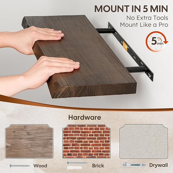 Floating Shelves Set of 2, Solid Elm Wood Wall Shelves 32 Inch - Image 4