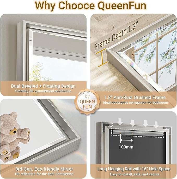 48'' x 36'' Brushed Nickel Framed Beveled Bathroom Mirror, Shatterproof - Image 6