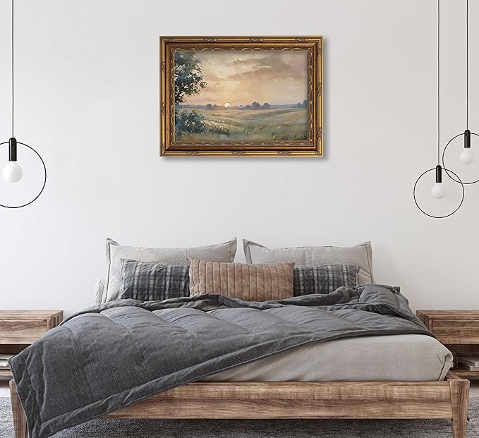 Vintage Gold Framed Wall Art Retro Fall Sunset Country Oil Painting Canvas - Image 9