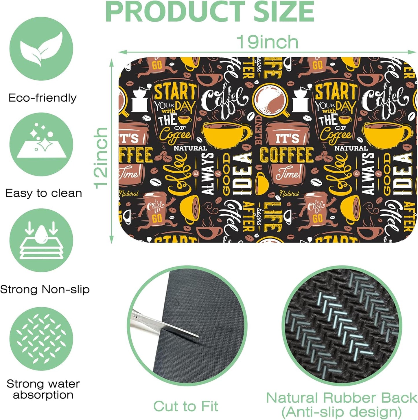 Coffee Dish Drying Mat,12"X19" Absorbent Fast Dish Drying Mat for Kitchen Counter Pot and Pan, Kitchen Accessories