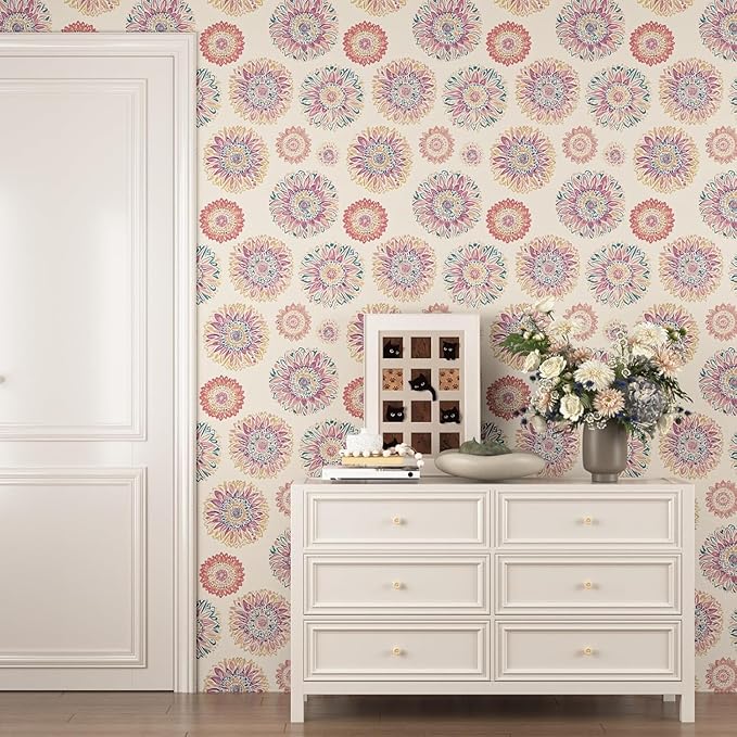 Beige Boho Wallpaper Peel and Stick, Vintage Circle Floral Contact Paper 17.5" - Image 7