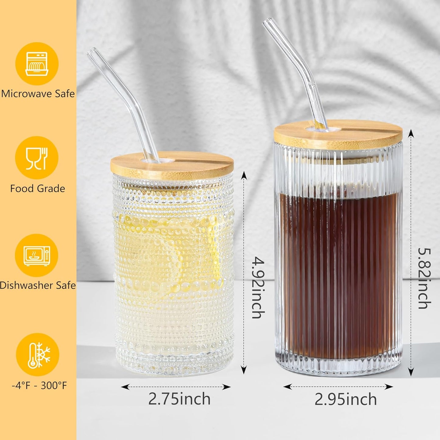 13 oz Drinking Glasses Set of 4 with Bamboo Lids Straws Hobnail Boho Glassware Set Vintage Glass Cups Embossed Iced Coffee Cup for Beer Cocktail Beverage(Hobnail)