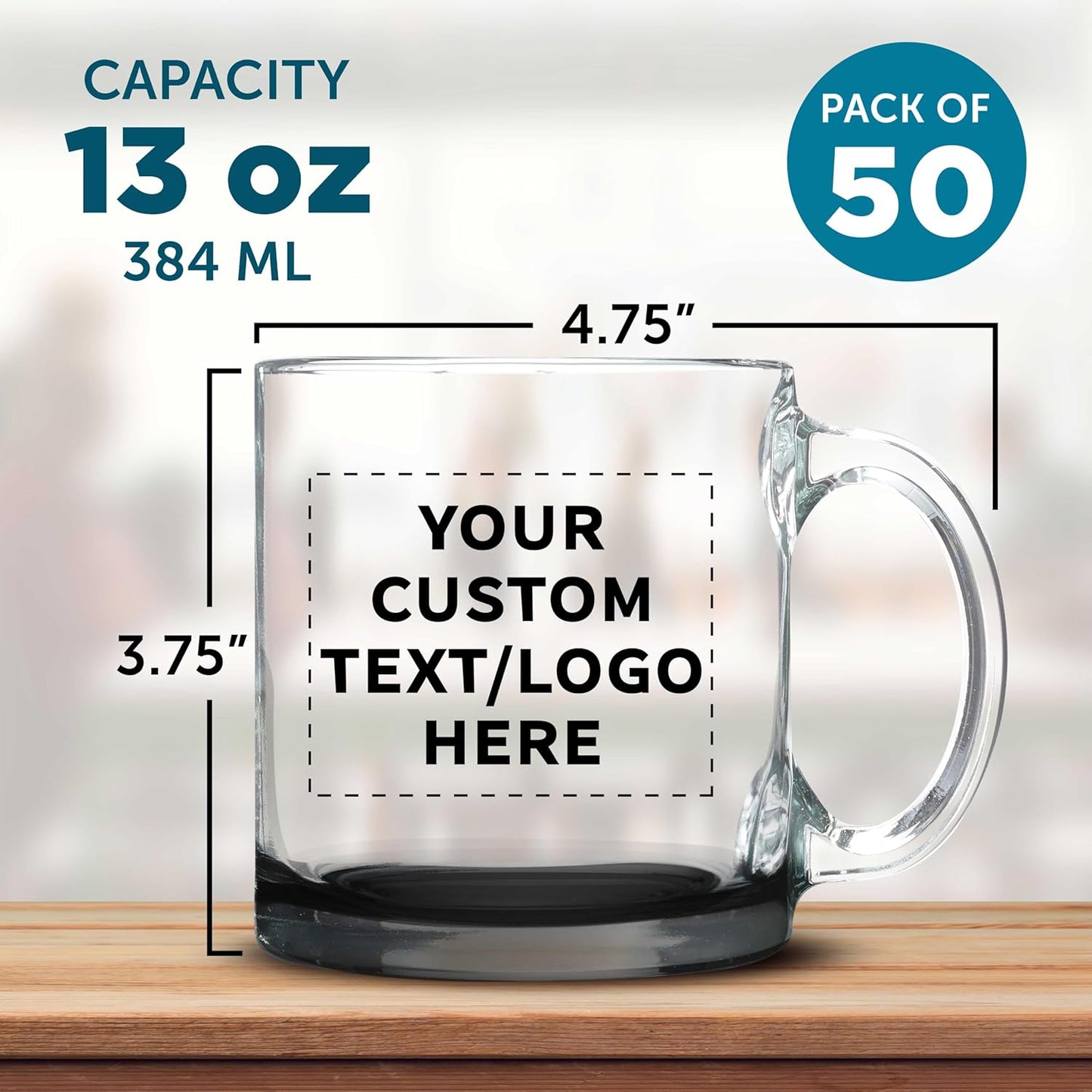 Custom Libbey Clear Glass Coffee Mugs 13 oz. Set of 50, Personalized Bulk Pack - Perfect for Coffee, Tea, Espresso, Hot Cocoa, Other Beverages - Black Bottom