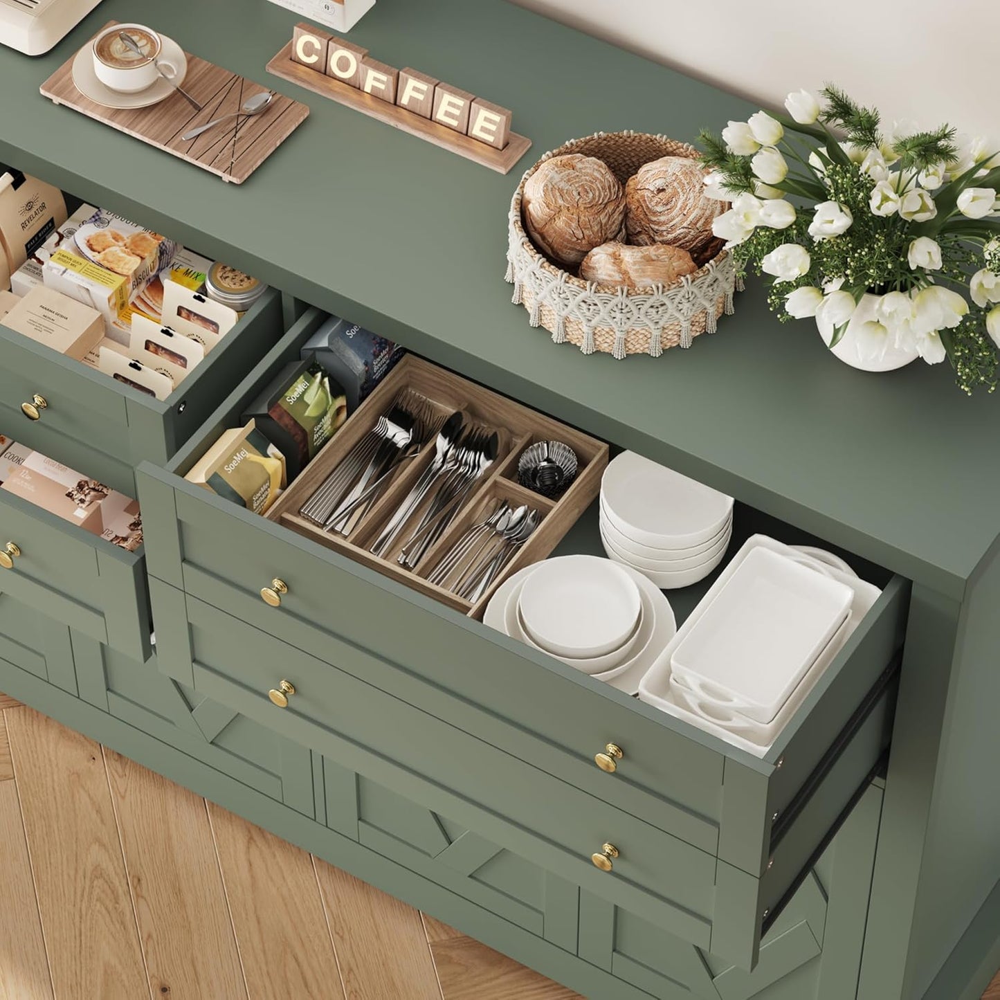 HOSTACK 55" Coffee Bar with 4 Large Drawers, 40" Tall Buffet Cabinet with Storage, Kitchen Storage Cabinet, Modern Farmhouse Sideboard Buffet, Adjustable Shelves for Living Room, Green