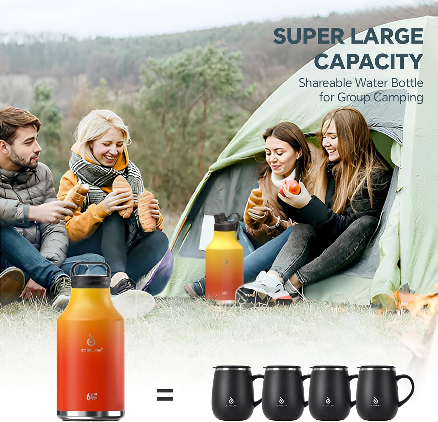 IDEUS Insulated Stainless Steel Water Bottle with 2 Leak-Proof Lids, Thermal Water Flask for Hiking Biking, 64oz, Yellow