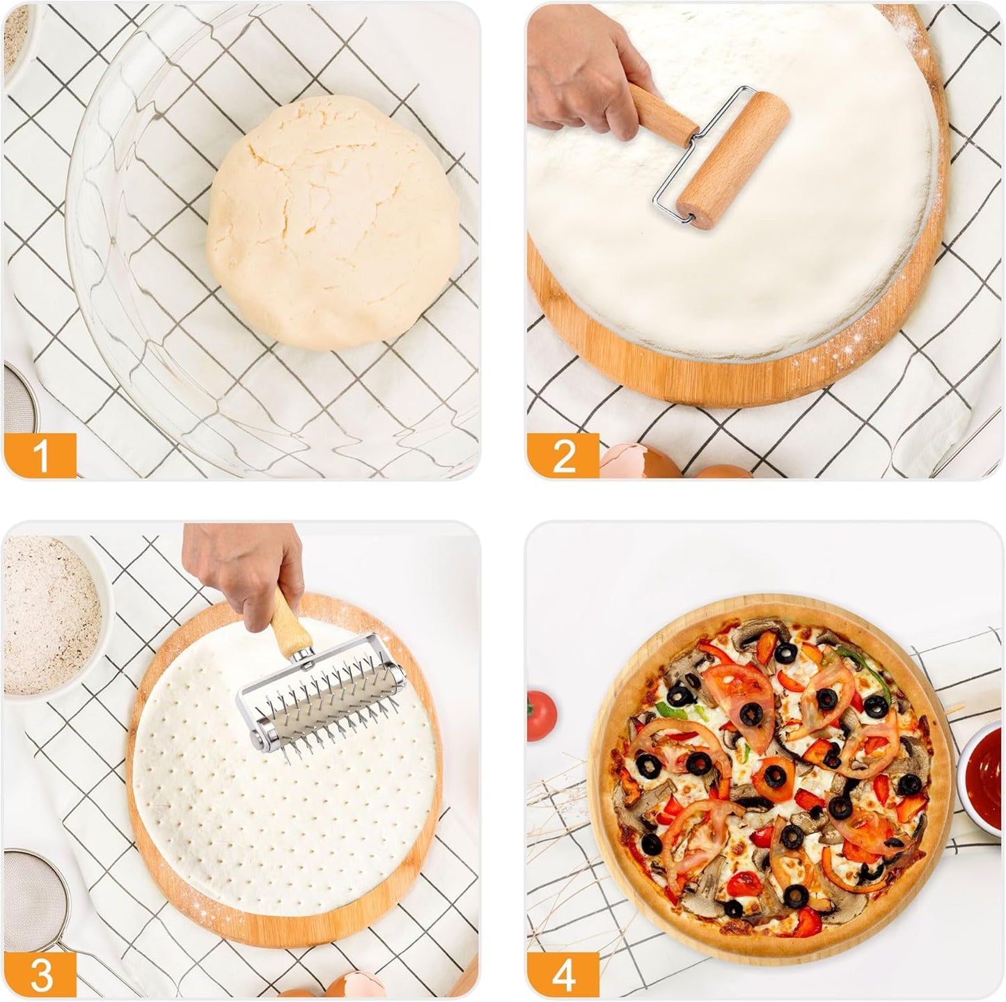 2Pcs Pizza Dough Roller & Dough Docker, Wood Rolling Pin Stainless Steel Dough Hole Puncher for Pizza, Pie, Pastry, Bread, Pasta, Cookie, Crust