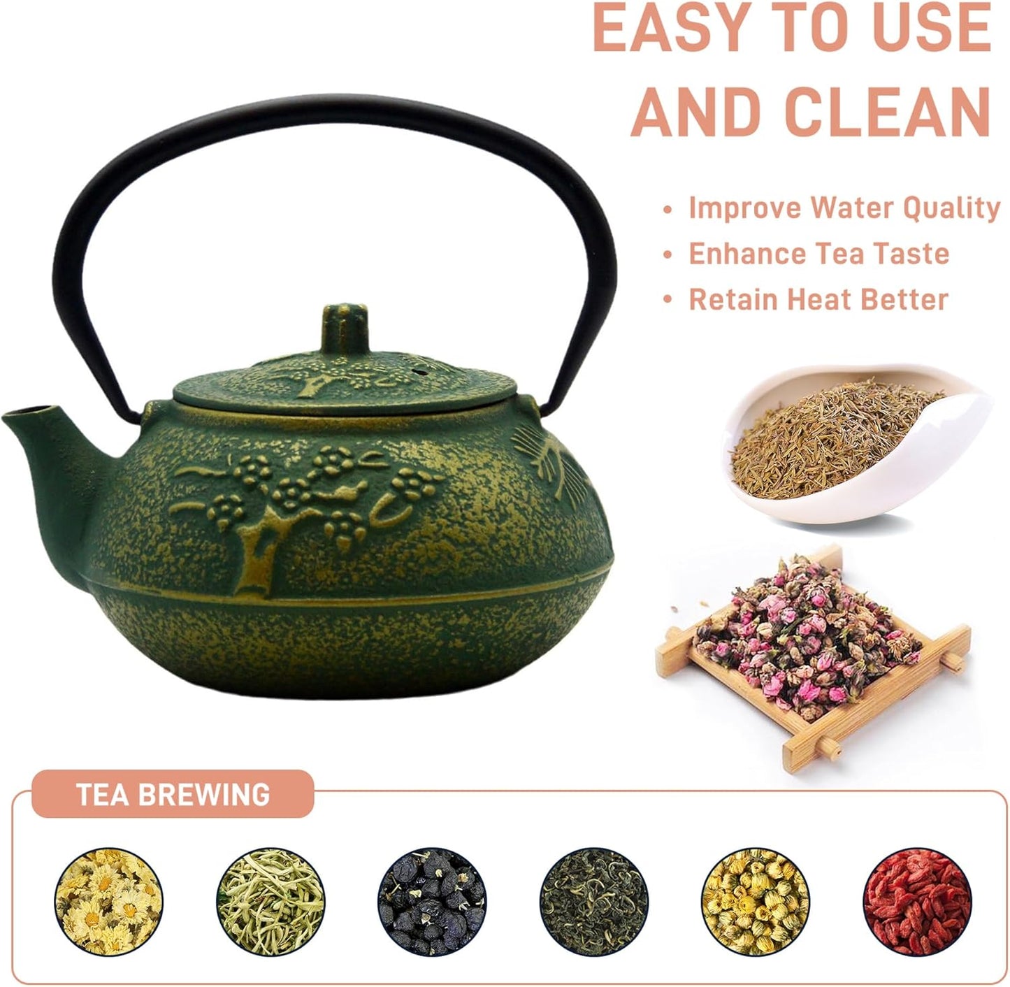 900ml Small Cast Iron Tea Kettle, SECHUDO Teapot Coated with Enameled Interior for Stovetop, Japanese Green Tea Pot with Stainless Steel Strainer for Loose Leaf, Pine,Bamboo and Plum Pattern(30.4oz)