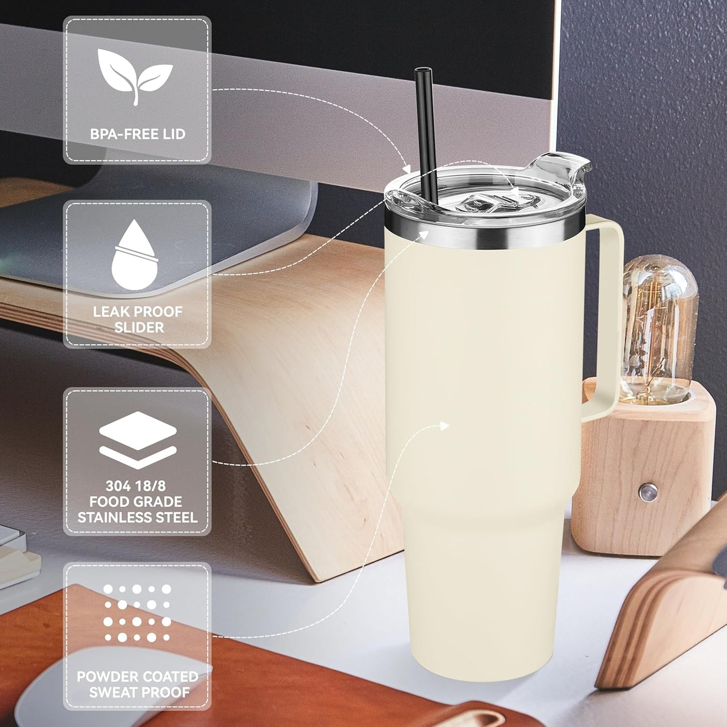 HASLE OUTFITTERS 40 oz Stainless Steel Tumbler with Handle, Vacuum Insulated Tumblers Bulk, Reusable Double Wall Travel Coffee Mug, Durable Powder Coated Water Bottle(Beige, 8)