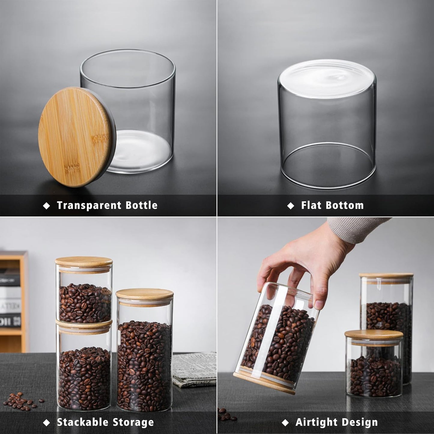MOLFUJ 550 ML / 18 FL Oz Glass Storage Container with Wood Lid, Stackable Clear Decorative Organizer Bottle Canister Pantry Jar with Air Tight Wooden Lid for Food, Coffee, Candy, Sugar, Salt, Tea