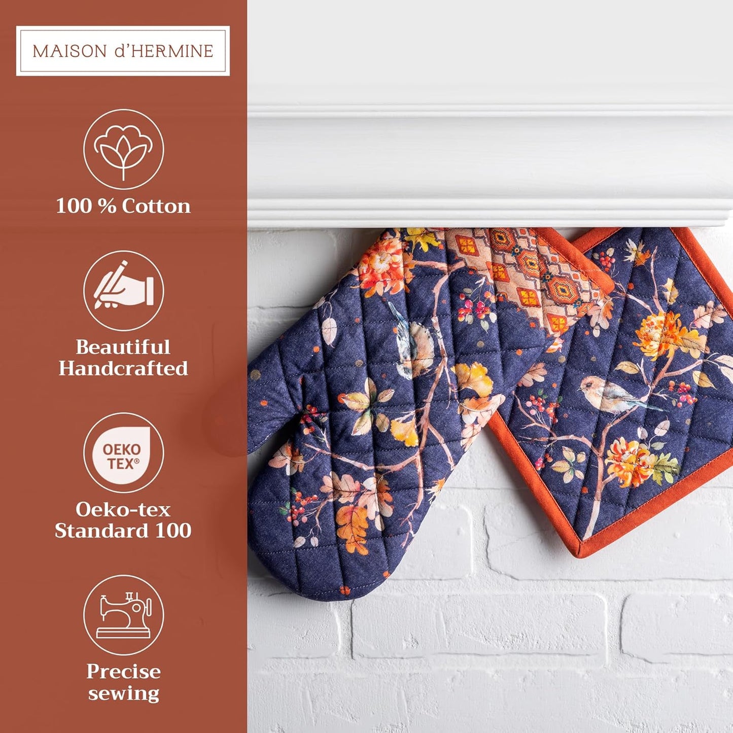 Maison d' Hermine 100% Cotton Oven Mitt & Pot Holder Set (7.5"x13" & 8"x8") Heat Resistant BBQ Cooking Gloves with Loop, Baking, Grilling, Kitchen, Handling Hot Pans (Kelim - Infinity)