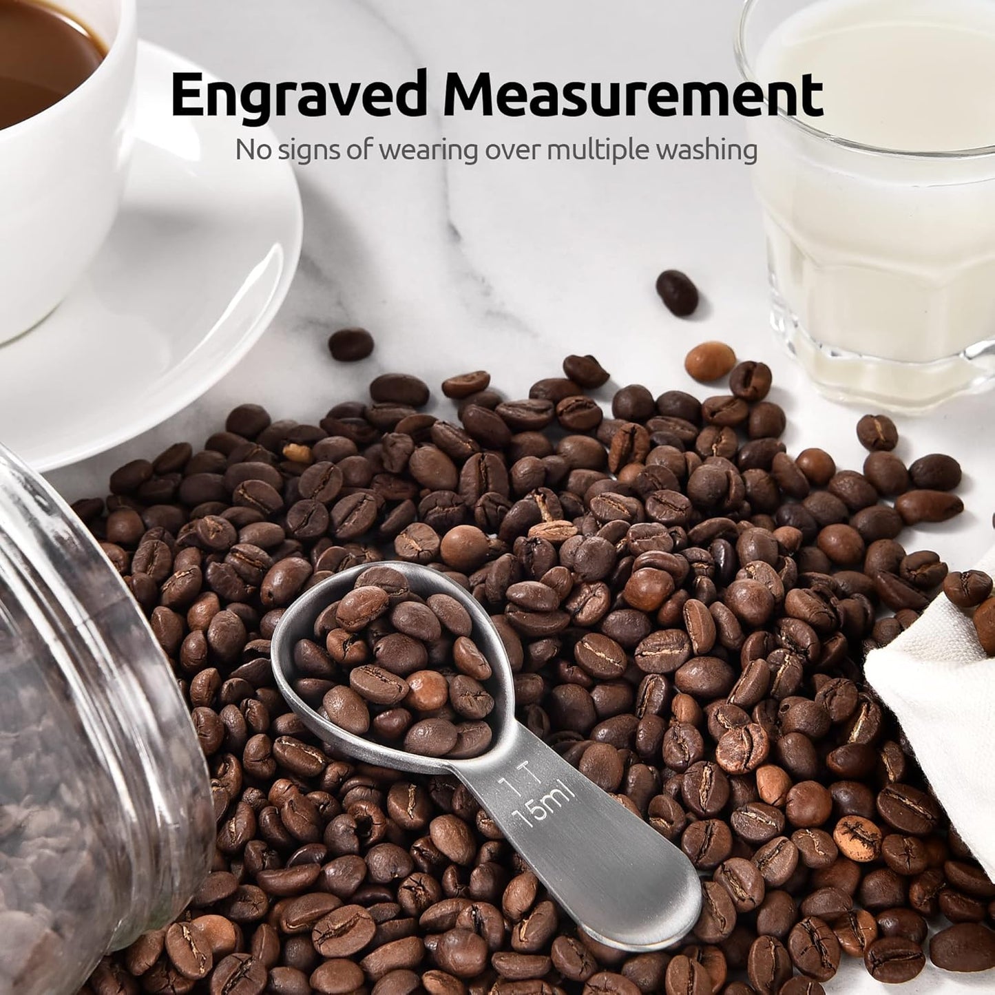 18/8 Stainless Steel Coffee Scoop: U-Taste 1 Tablespoon Metal Measuring Spoon Set of 2, Short Handled Measure Scooper for Ground Coffee, Bean, Espresso, Powder, for Canister (Silver, 1Tbsp/15ml)