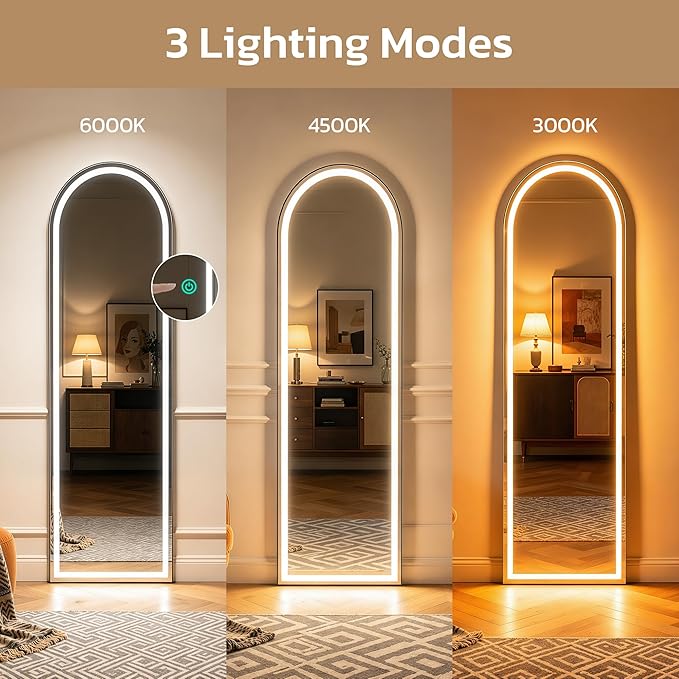 Arched Full Length Mirror with LED Lights, Body Floor Mirrors with Dimming & 3 - Image 3