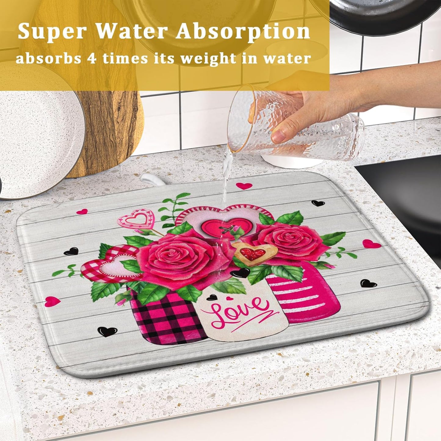 Valentine's Day Rose Flower Dish Drying Mat for Kitchen Counter,Mason Jar Pink Love Heart Drying Mat 16 x 18 Inch with High Absorbent Microfiber Drainer Mat for Coffee Bar