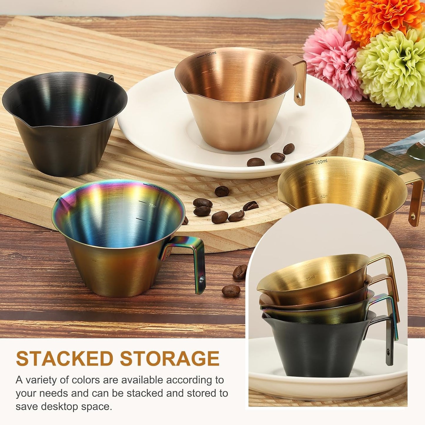 uxcell 2 Pcs Stainless Steel Espresso Cup with Handle, V-Shaped Mouth Espresso Measuring Cup with Scale for Preparing Coffee, Cocktails, 3.4OZ/100ML (Rose Gold)