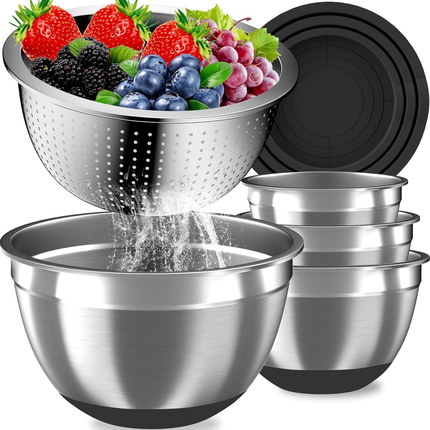 Mixing Bowls with Airtight Lids Set, 4 Stainless Steel Bowls Nesting Bowls & Colander, Kitchen Organizers and Storage Non-Slip Bottom, Size 1.5/2.0/2.5/4.5QT, Great for Mixing & Serving, Black